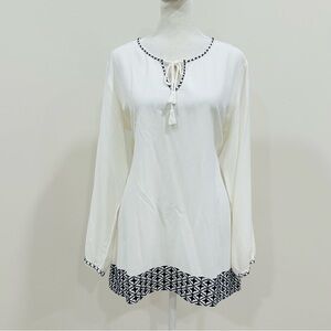 House Of Pom Womens Tunic Size L‎ White & Blue Embroidered Long Sleeve Top NWT